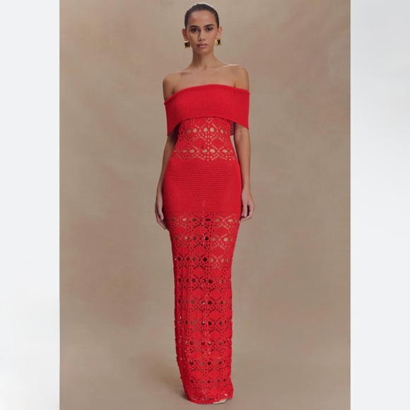 Meshki Dresses & Skirts - NWT Solstice Off Shoulder Crochet Knit Maxi Dress